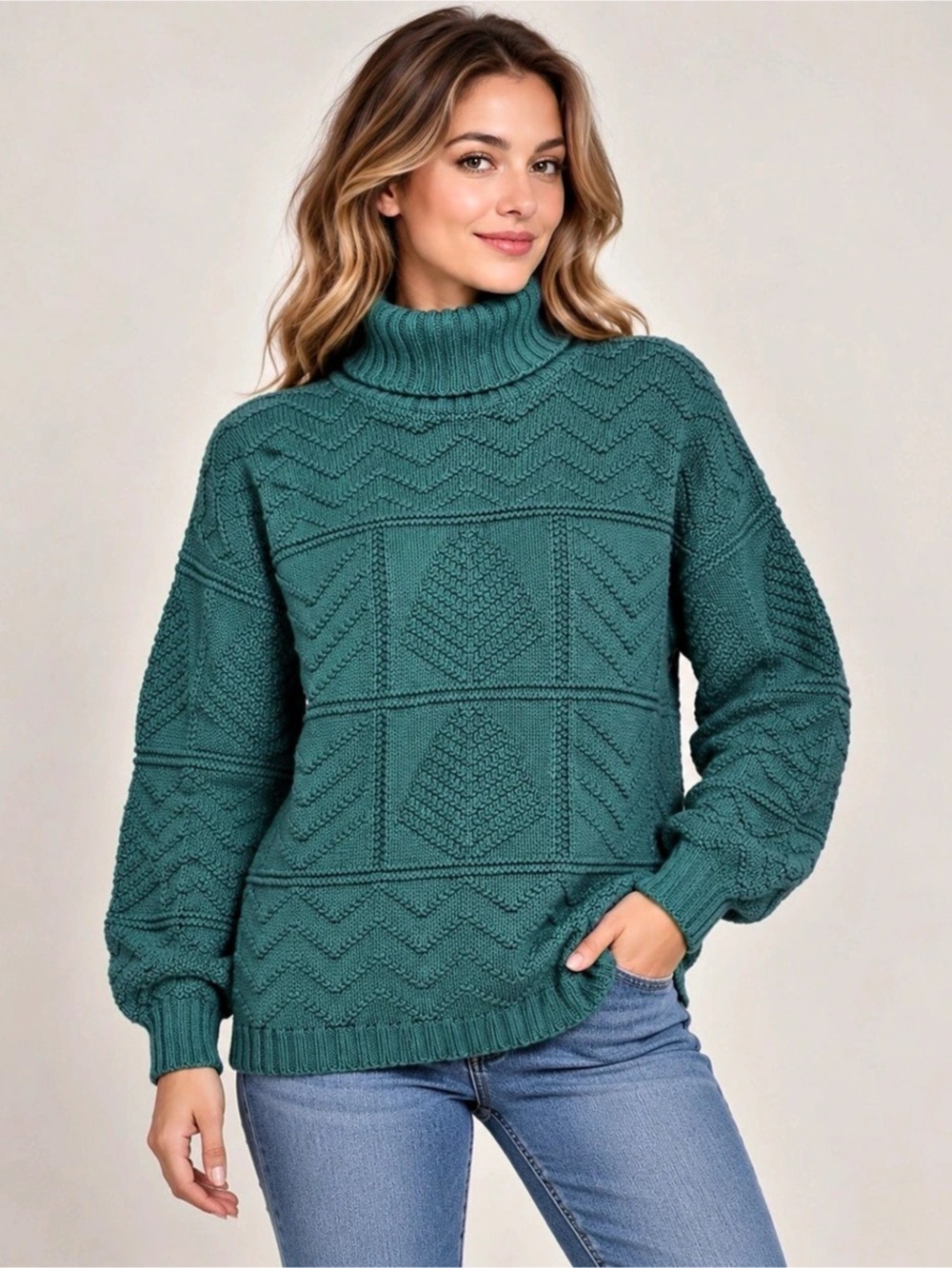 Vintage 90’s by Eddie Bauer USA Green Cotton Cable Turtleneck Sweater L